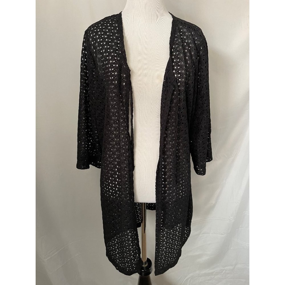 Anne Cole Black Lace Eyelet 3/4 Sleeve Double Tie Front Cardigan - Picture 4 of 12